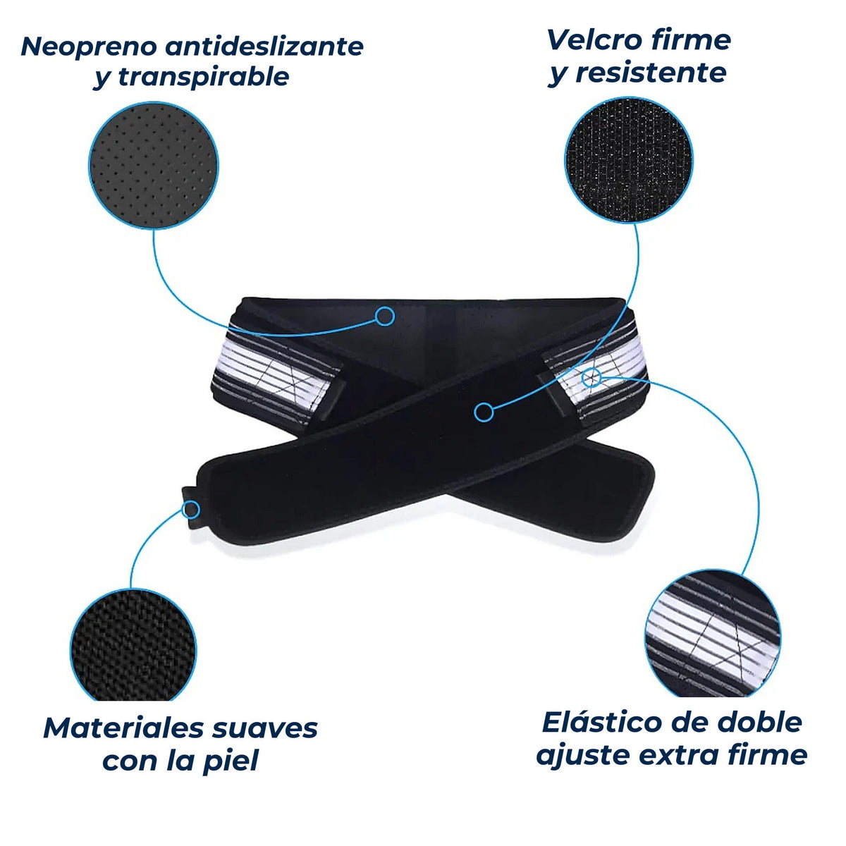 Materiales de la faja: neopreno, velcro y elástico doble